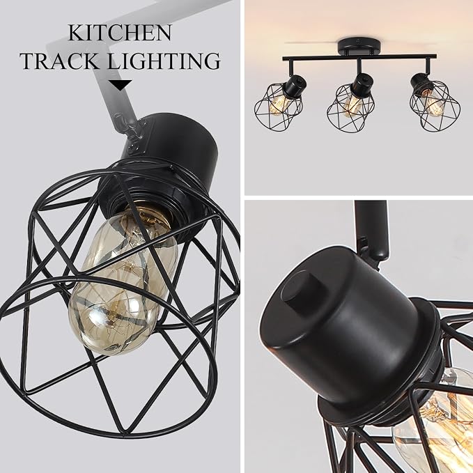 3 Lights Adjustable Multi-Directional Black Light Fixtures, Semi Flush Mount Ceiling Light, Kitchen Light Fixtures, Track Lighting Fixtures Metal Cage Industrial Spotlight Fixtures for Dining Room