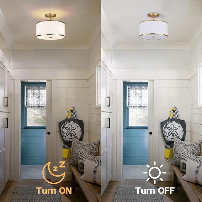 CALOKES Luxury Semi Flush Mount Ceiling Light, 3-Light Drum Lamp with Gold Brass Finish and Fabric Shade, Ideal for Bedroom, Kitchen, Dining Room, Hallway, Entryway, and Foyer, 12.6"