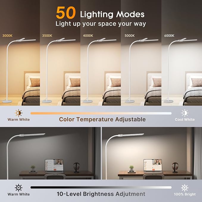 Syrinx LED Floor Lamp, 18W 2000LM Bright Reading Floor Lamp, Dual Head Gooseneck Standing Lamp, Smart Motion Sensor, Remote Control, Dimmable Brightness & Color Temp, for Living Room Bedroom Office