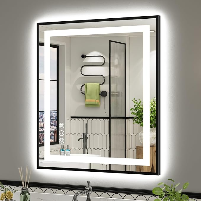 36x30 Inch LED Bathroom Mirror with Black Frame, Backlit & Front Lit | Anti-fog, 3 Color Dimmable, Memory Function, HD Reflection Tempered Glass, ETL Listed, IP54 Waterproof