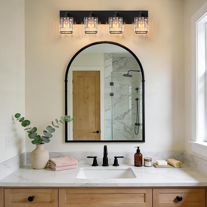 Black Crystal Bathroom Vanity Light, 4-Light Modern Bathroom Lighting Fixtures Over Mirror, Matte Black Wall Sconce Light Fixtures with Square Shade