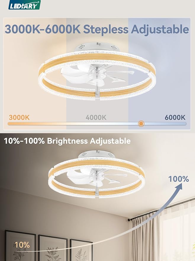 LEDIARY Ceiling Fans with Lights and Remote, 20'' Low Profile Ceiling Fan with Light, 3000-6000K Dimmable Fandelier Ceiling Fans, Modern Flush Mount Fan Light for Bedroom with 6 Wind Speeds-Wood Grain | 3000-6000K Dimmable LED, 6 Wind Speeds, Quiet Rev...