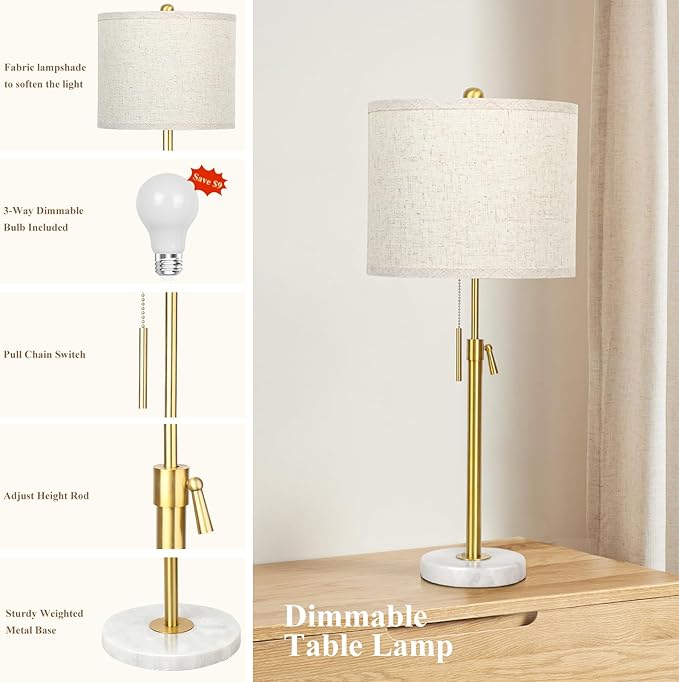 Table Lamps for Bedrooms Set of 2, 22" to 30" Height Adjustable Nightstand Lamps with Linen Shade, Pull Chain Switch Lamps for Living Room, 3 Way Dimmable Bedside Lamp