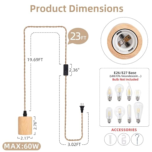 Arturesthome Wood Pendant Light Cord Kit with Switch, 23FT Vintage Industrial Hanging Light Plug in Lamp Cord with Twisted Nylon Rope Lights Socket E26 E27 for Farmhouse Lamp Cable Retro DIY