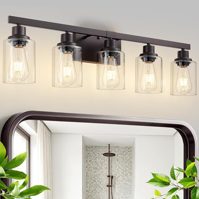 5-Light Oil Rubbed Bronze Bathroom Light Fixtures,30" Vanity Light | Modern Bronze Bathroom Lighting with Clear Glass Shades,Bathroom Wall Sconece over Mirror Sink Cabinet