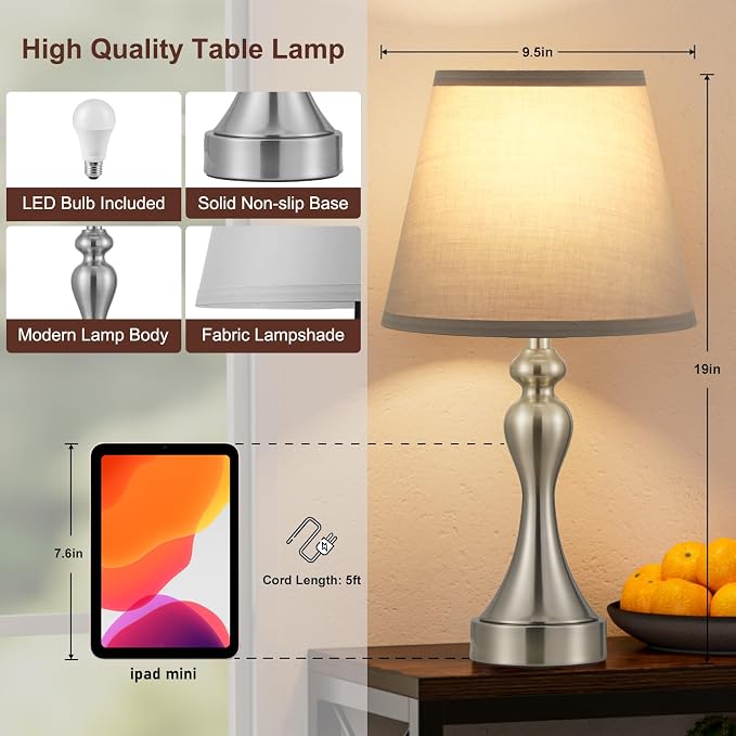 Touch Lamps for Nightstand, 3 Way Dimmable Bedside Lamps with USB C+A Ports | Touch Control, LED Bulb Included, Small Silver Table Lamp for Bedroom, Night Stands, End Table, Gift，Corded，Grey Shade