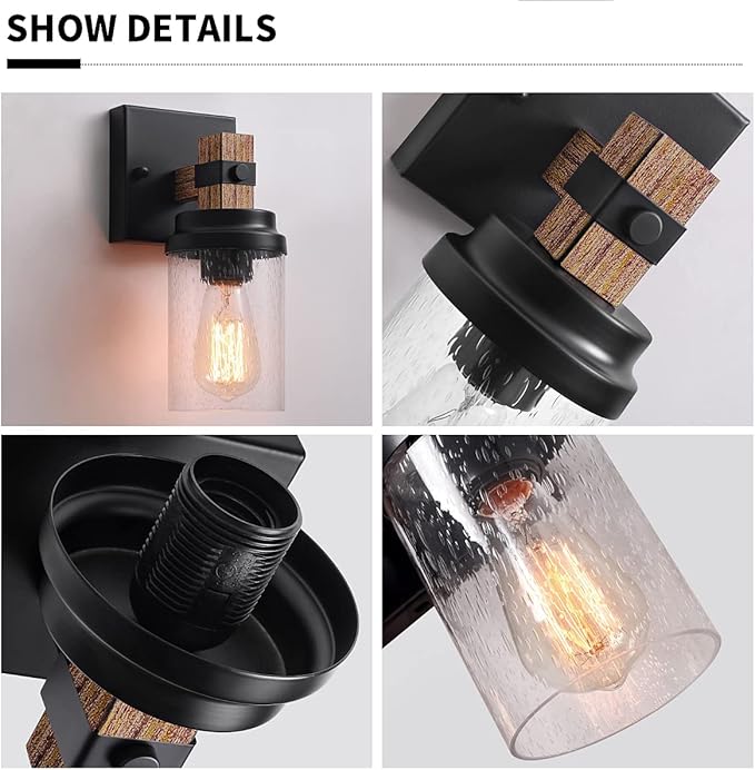 1-Light Farmhouse Hardwired Wall Sconces Bathroom Vanity Light Fixtures | Rustic Faux Wood Indoor Wall Mount Light with Clear Glass Shade for Living Room Bedroom Hallway Kitchen