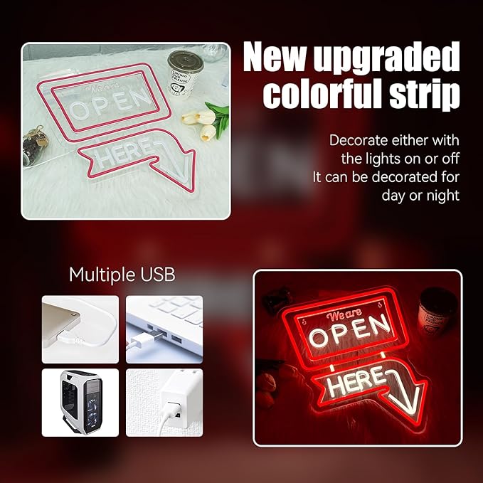ineonlife We Are Open Here Neon Sign Red Neon Signs for Wall Decor Led Lights for Bar Man Cave Club Store Hotel Restaurant Coffee Shop Business Decor Gifts
