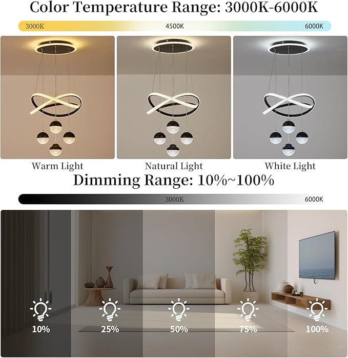 Modern Black LED Chandeliers, LED Pendant Light Dining Room Light Fixtures Over Table Dimmable with Remote Control Adjustable Modern Chandeliers for Dining Room Kitchen Island Living Room Bedroom