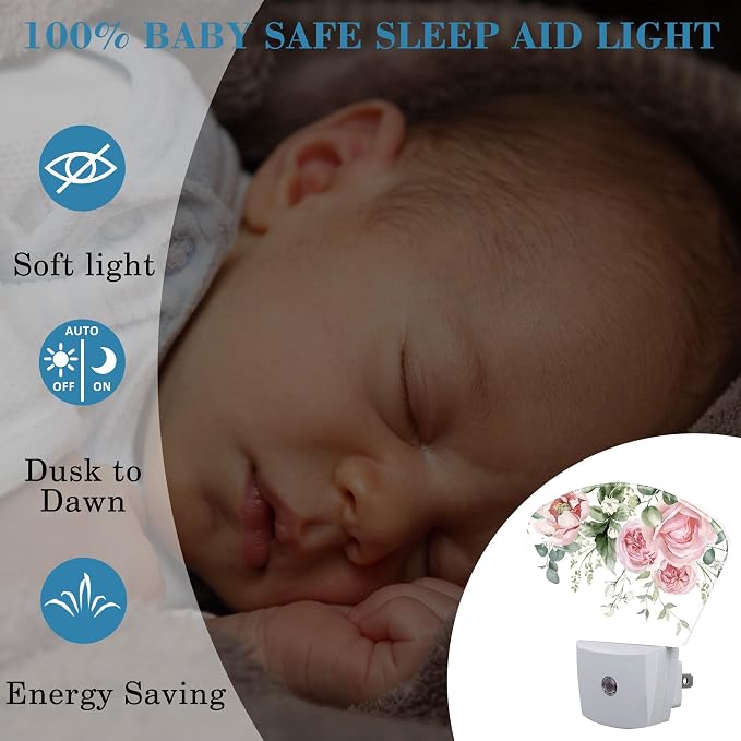 Watercolor Pink Flowers Night Light Plug into Wall, Pink Roses Night Light with Dusk to Dawn Sensor for Kid Girls Boys Women Men Room, Hallway, Kitchen, Bathroom, Stairs Decor