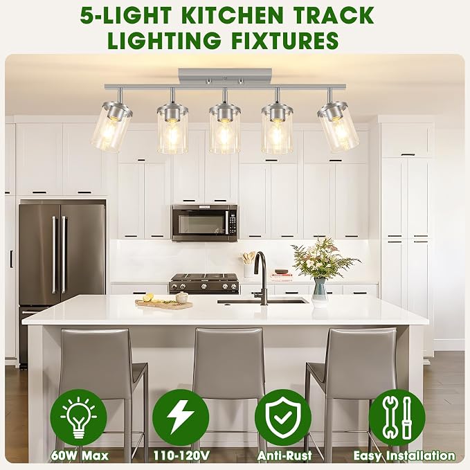 FadimiKoo 5-Lights Brushed Nickel Track Ceiling Light Fixtures, Modern Close to Ceiling Light with Clear Glass Shade, Large Hallway Lighting Fixtures for Dining Room Kitchen Living Room