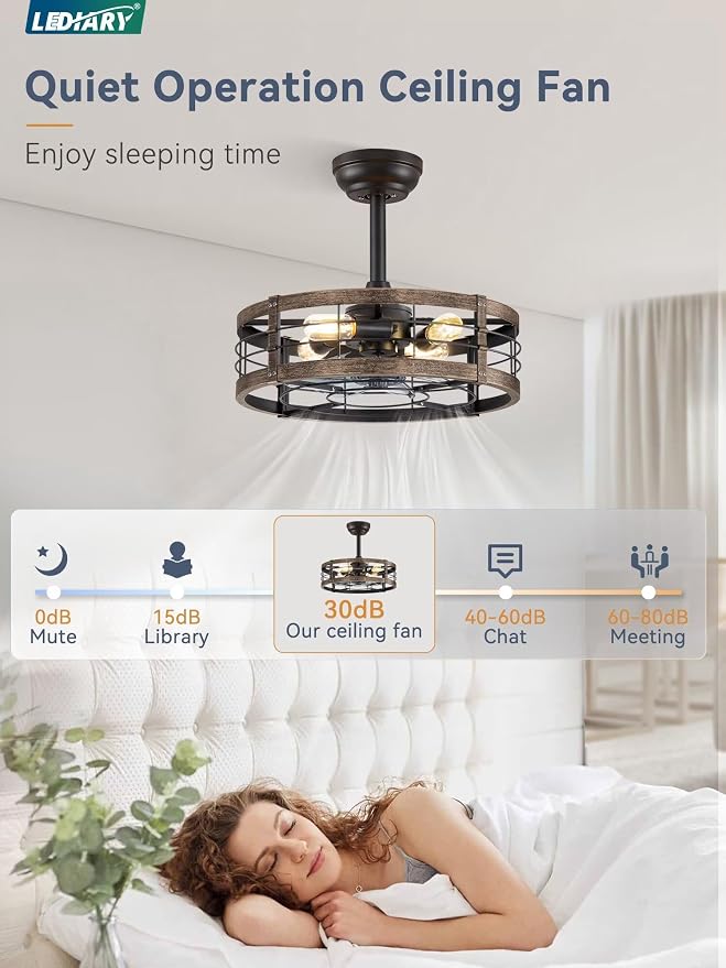 LEDIARY 18 inch Caged Fandelier Ceiling Fan Light with Remote, Black Gold | 6 Speed Adjustable,Timing, Quiet & Powerful DC, Small, Farmhouse, Industrial, Enclosed, Bladeless, Bedroom, Kitchen, Downrod