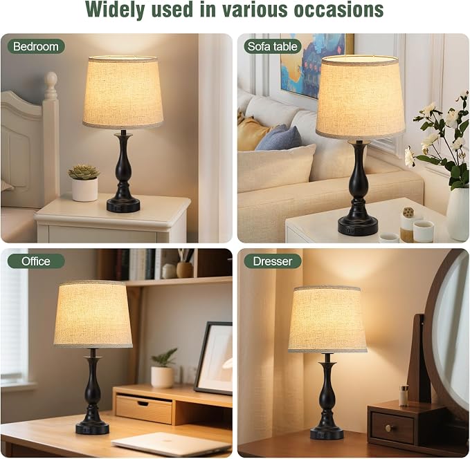Bedside Table Lamp Touch Control Bedroom Lamps with USB A + C Charging Port 3 Way Dimmable Touch Lamps for Nightstand Living Room Bedroom Dorm Home Office Reading, Set of 2 (Beige Shade & Black Base)