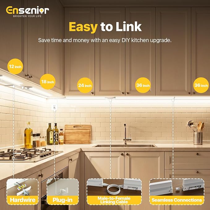 Ensenior Plug in or Hardwired Under Cabinet Lighting, 36 Inch 18W, 2 Pack | Heat-dissipating Aluminum, Built-in Switch & 4-Level Dimmer, 5 Colors, 2 Link Options, True-Color CRI90+, Moisture-Proof, FCC