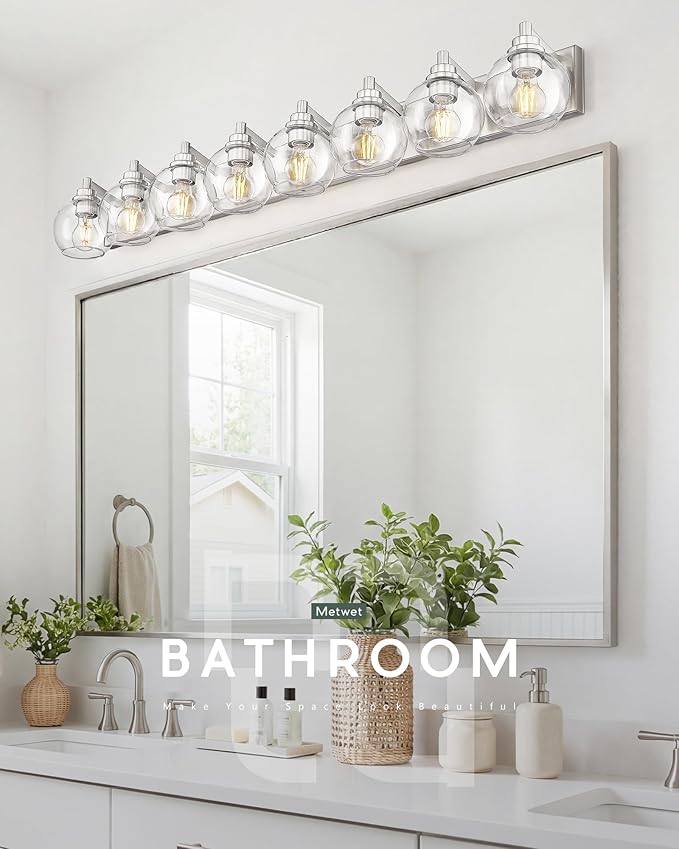 Bathroom Light Fixtures, 8 Light Brushed Nickel Vanity Light, 52 Inch Modern Wall Sconces with Globe Clear Glass Shade, Vanity Lighting Fixtures Over Mirror, VL195-BN-8