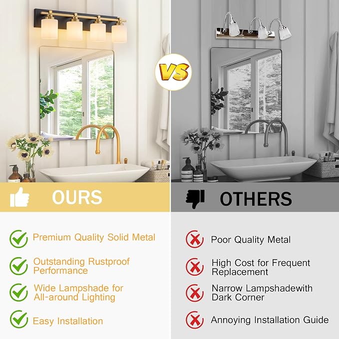 Modern Bathroom Light Fixtures Over Mirror, Vanity Lights for Bathroom Wall Sconces with Milky White Glass Shades, E26 Socket (Bulbs Not Included), 4 Light, Black Gold