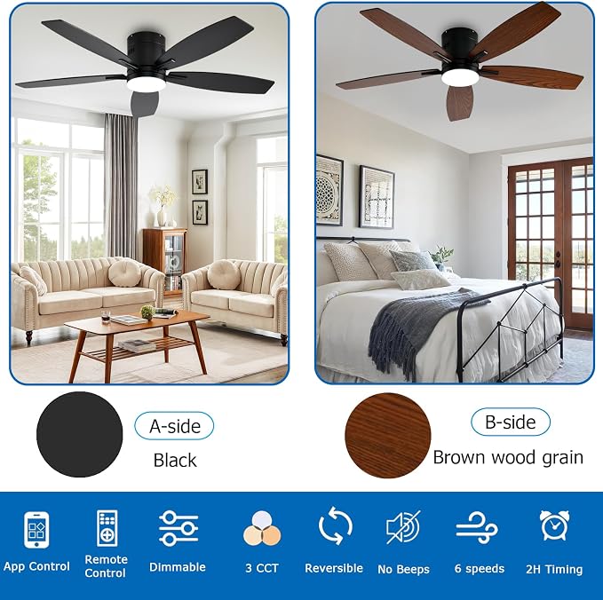 KNUN 51 inch Ceiling Fan with Light and Remote/App Control, Flush Mount Low Profile, Reversible DC Motor, Brown Modern Ceiling Fan with Light, Dimmable,Noiseless,for Bedroom Living Room