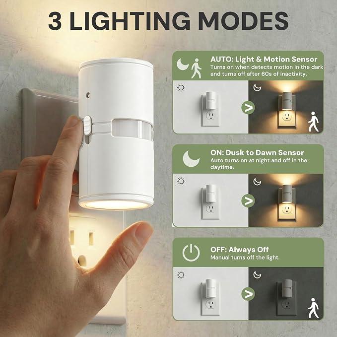 L LOHAS LED Motion Sensor Night Light, Motion Sensor Light Indoor, Rotating | Motion Activated Night Lights Plug into Wall,Amber-3000K-5000K,10-50-100%LM, Mini,Hallway Bathroom Travel[White Shade,2 Pack]