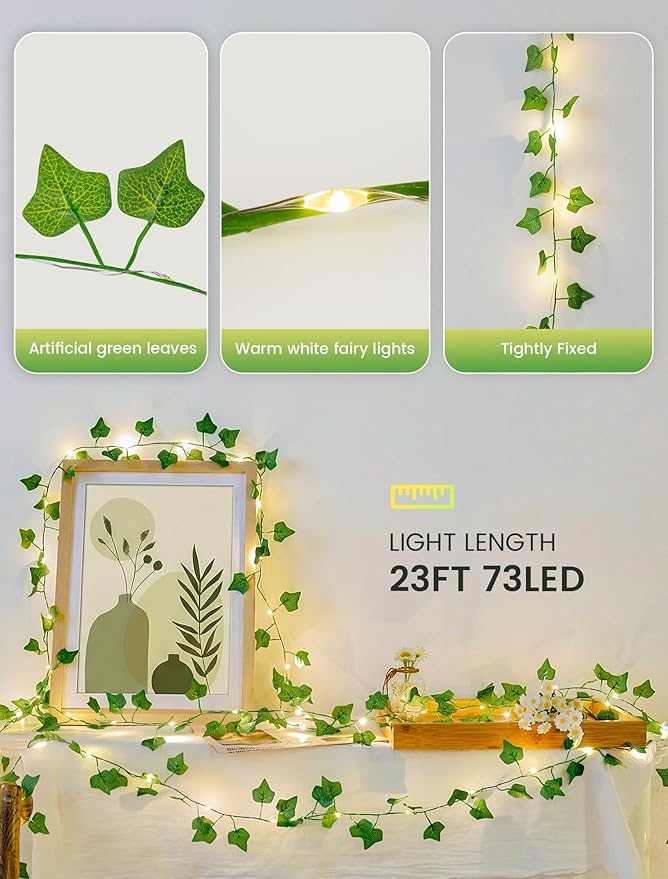woohaha Vine with Fairy Lights,23ft 73LED Ivy String Light USB/Battery Operated with with Remote,Leaf Light for Bedroom, Room, Wall, Garden, Party, Wedding Decor (Warm White)