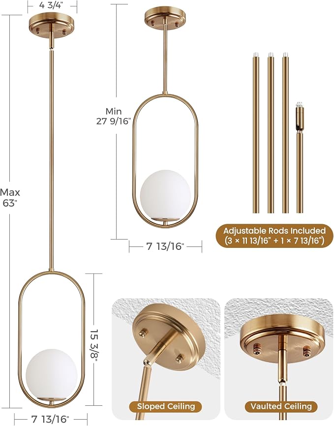 Majade Pendant Lights Kitchen Island, Mid Century Modern Pendant Light Fixtures, Champagne Bronze Globe Glass Pendant Lighting, Chandelier Adjustable Hanging Light for Dining Room Bathroom Bedroom