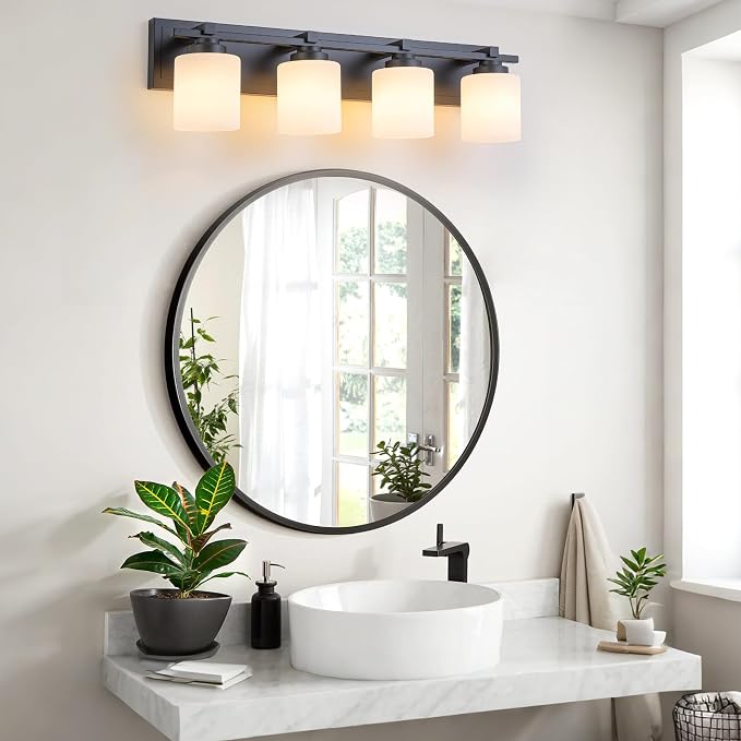 Modern Bathroom Light Fixtures Over Mirror, Vanity Lights for Bathroom Wall Sconces with Milky White Glass Shades, E26 Socket (Bulbs Not Included), 4 Light, Black