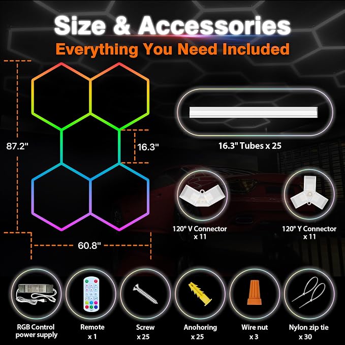 RGB Hexagon Garage Lights, Music Sync LED Hexagon Lights for Gaming Room, Smart App & Remote Control, DIY Honeycomb Ceiling Light for Studio Gym Basement Deco
