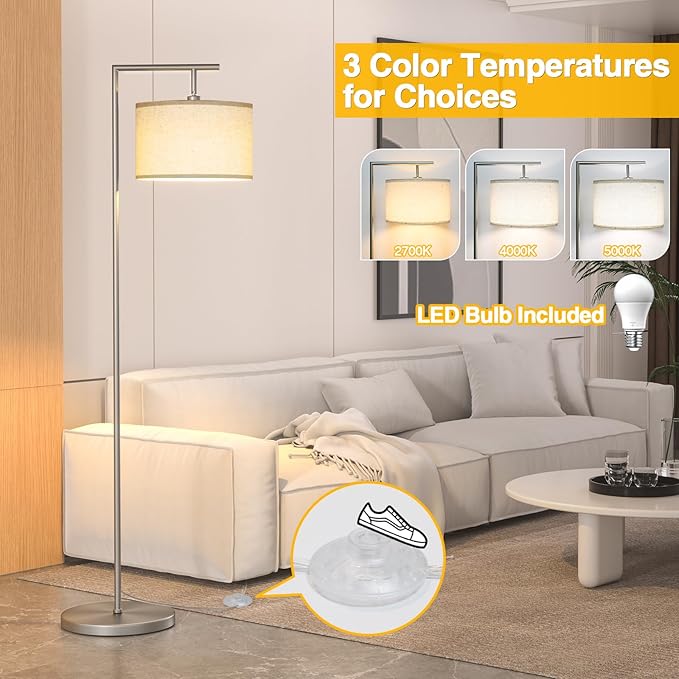 63" Silver Floor Lamp for Living Room, Modern Standing Lamp, 1 Pack | 3 Color Temperatures, Adjustable Beige Linen Lampshade, For Living Room Bedroom Office Classroom Dorm, 9W LED Bulb Included