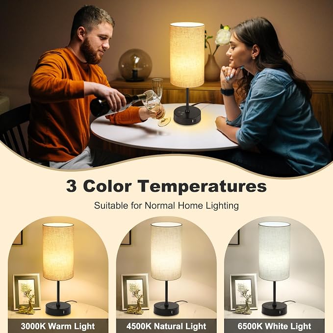 17Inch Table Lamp for Bedroom, Touch Control Bedside Lamp for Reading, 3 CCT & 7 RGB Color Changing, Dimmable Nightstand Lamp for Kids Room Living Room Office, Beige Shade
