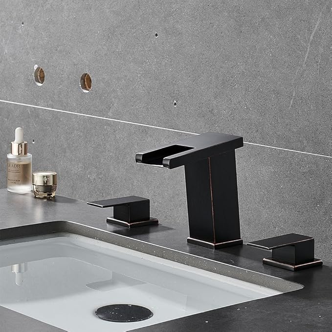 LED Bathroom Faucet 3 Hole, Oil Rubbed Bronze Waterfall Bathroom Faucets, 8 Inch Widespread Modern Bathroom Sink Faucet & Parts, Wide Spread Touch On Three Hole 2 Handle Bathroom Vanity Faucet