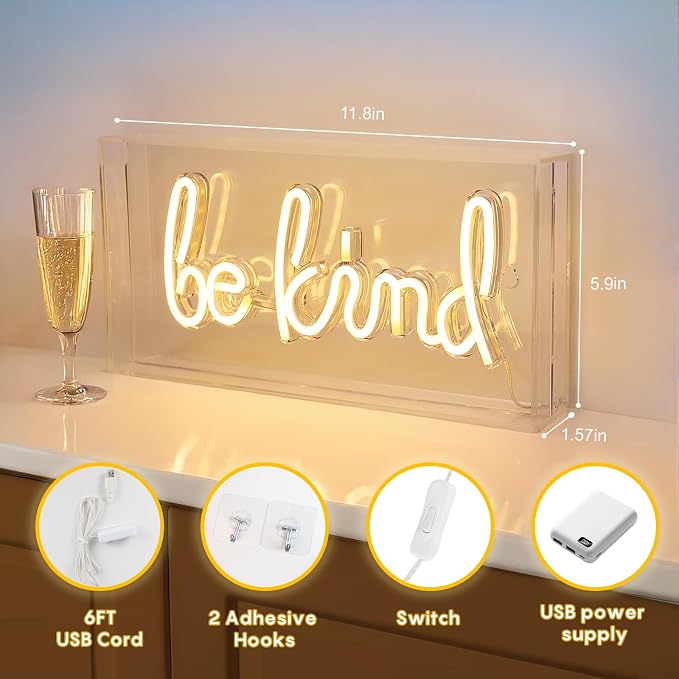 Be Kind Neon Sign, USB Powered LED Neon Light Box with ON/OFF Switch, 3D Acrylic Tabletop and Wall Decor for Girls Room, Bedroom, Classroom, Dorm, Home Office, Shelf, Christmas Birthday Gift (Warm White)