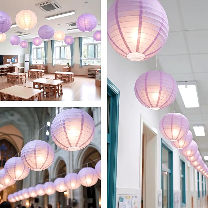 Light Purple Chinese Paper Lanterns with LED Lights, 10-Pack 12in | Hanging Lights for Easter, Graduation, Birthday Decorations, Ceiling Decor, Home Party & Tea Party