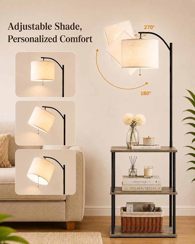 GERGO Floor Lamp with Table, Side Table for Living Room, 3 CCT 9W LED Bulb | Adjustable Linen Shade & Pull Chain, Modern Coffee End Table, Night Stand with Storage Shelves for Bedroom, Office Home Décor