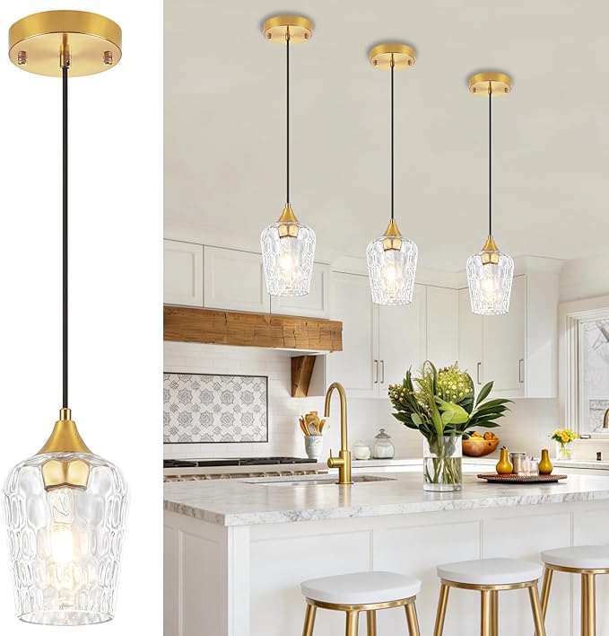 3 Pack Gold Pendant Lights Kitchen Island, Modern Hammered Glass Pendant Lighting Over Island, Hanging Kitchen Light Fixtures Over Sink Adjustable Mini Pendant Light for Bathroom Hallway Dining Room