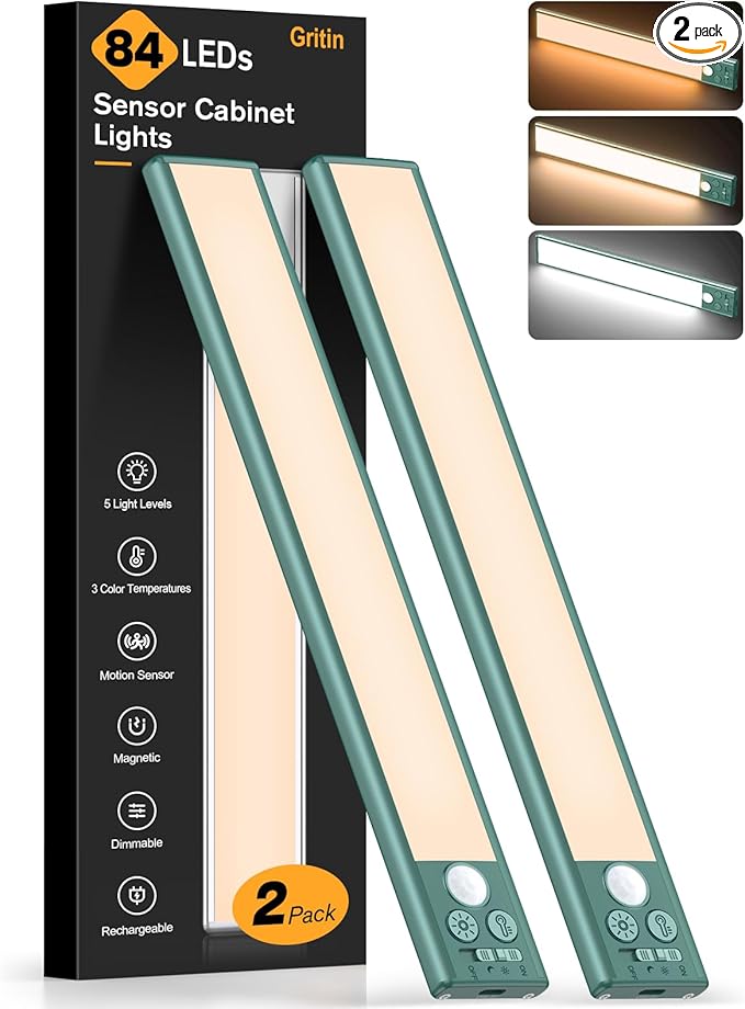 Gritin 10.2inch Under Cabinet Lighting Rechargeable 2 Pack- 3 Color Temps&5 Level Brightness, Super Bright, 4 Modes, Motion Sensor, Long Lasting - Easy Installation Magnetic Under Closet Lights-Green