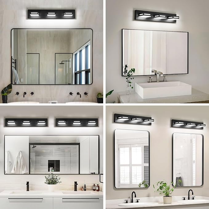 LED Modern Bathroom Light Fixtures, 3-Light 24-Inch Matte Black Vanity Lights for Bathroom Lighting Fixtures Over Mirror, 6000K Cool White 350° Rotatable Wall Lamp