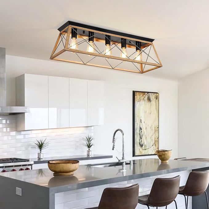 31.5" Flush Mount Ceiling Light Fixture, 5-Light Vintage Industrial Cage Chandelier for Dining Room, Kitchen Island, Living Room, Dimmable Semi Flush Mount Close to Ceiling Lighting, Walnut Finish