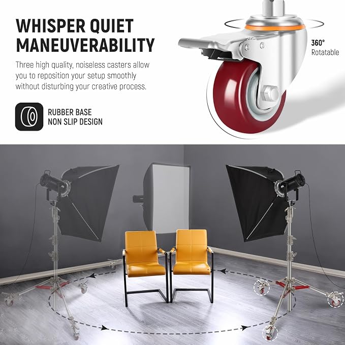 NEEWER Heavy Duty Stainless Steel Light Stand with Casters, 1-1/8" Junior Receiver, Spring Loaded 5/8" Baby Stud, Max Load 77lb, 7.9ft/240cm Junior Wheeled Stand for Studio Softbox Reflector, ST240SS