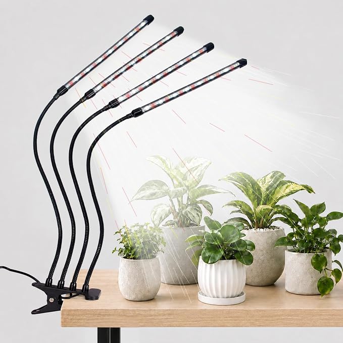 Grow Light for Indoor Plants - Upgraded Version 80 LED Lamps with Full Spectrum & Red Blue Spectrum, 3/9/12H Timer, 10 Dimmable Level, Adjustable Gooseneck,3 Switch Modes (4 Heads Full Spectrum)
