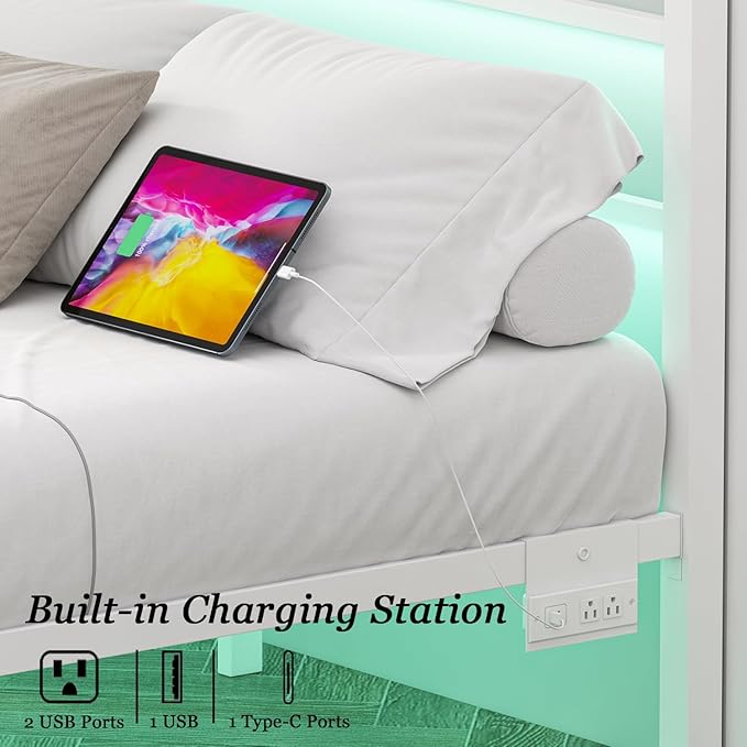 Jenmit Full Size Bed Frame with Charging Station & LED Lights,Full Metal Platform Bed Frame with Headboard and Footboard, Storage Space Under Bed,No Box Spring Needed,Noise Free, Easy Assembly, White