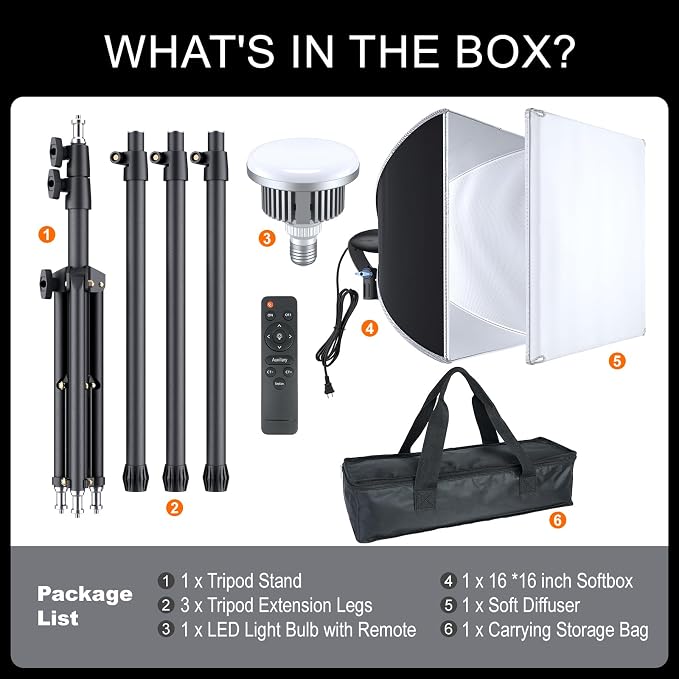 LINCO 16"x16" Softbox Lighting Kit with 85W LED Bulb & Adjustable Tripod | Professional photography lighting kit, ideal for photo light studio, video recording & live streaming