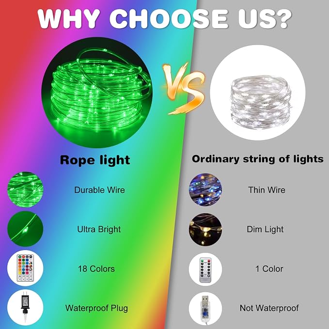 Gvwoxm 50FT 150 LED Changing Rope Lights, Waterproof Remote String Lights | 18 Colors, Timer, 5 Modes,Plug-in Camping Light Strings for Outdoor/Indoor, Camping, Classroom, Party, Festival Decoration