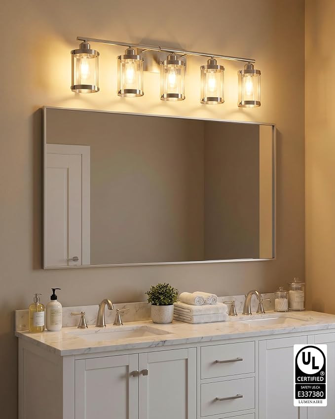 5-Light Brushed Nickel Bathroom Light Fixtures Over Mirror with Clear Glass and Metal Cage Shade, 38" UL-Listed Modern Farmhouse Wall Sconce for Bath, Hardwire E26, OS-3014BN-5W