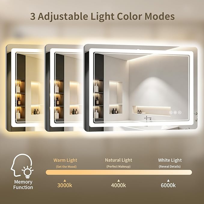 30"x36" LED Bathroom Mirror with Lights, Backlit + Front Lit, Anti-Fog, Lighted Bathroom Mirror for Wall, HD Shatterproof Tempered Glass, Dimmable, Memory Function (Horizontal/Vertical)