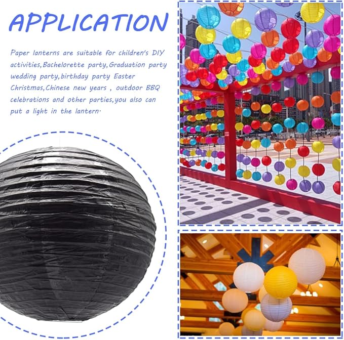 3pcs Paper Lanterns Decorative Round Chinese Paper Lanterns for Birthday Halloween Wedding Baby Bridal Shower Home Decor Party Decoration (12in/Black)