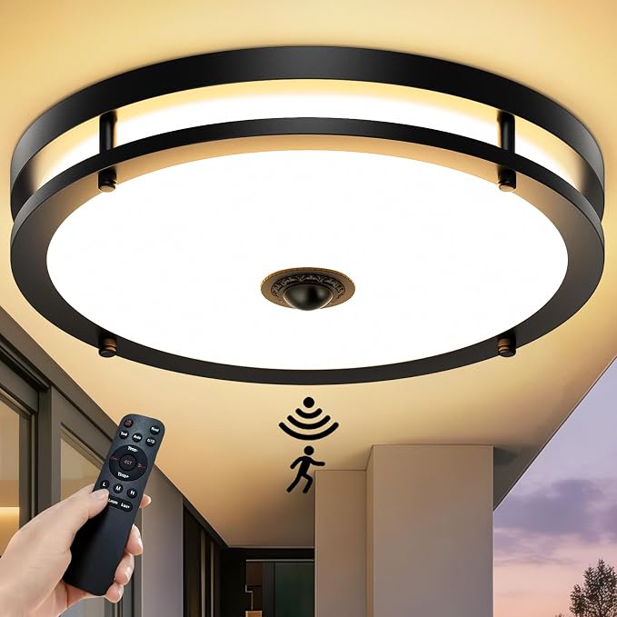 16IN LED Motion Sensor Outdoor Ceiling Light with Remote, 32W | Dusk to Dawn, 2700K/3000K/3500K/4000K/5000K Dimmable, 4 Lighting Modes, Large Flush Mount Ceiling Light for Entryway, Black