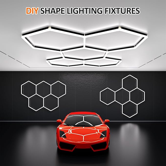 Black Hexagon Garage Lights 5 Hex, 6500K 20160 LM Super Bright Honeycomb LED Garage Ceiling Lights, Premium Car Detailing Lighting for Garage, Workshop, Gym, Barber Shop, Basement