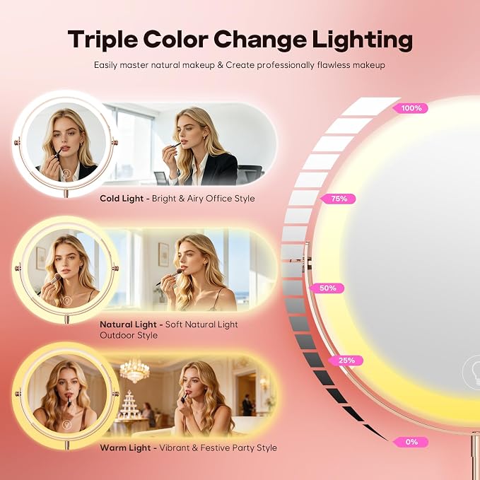30X Makeup Mirror with Lights, Brightness Adjustable with 3 Colors, Double Sided Magnifying Mirror with 360° Rotation, Lighted Makeup Mirror with Magnification, Ideal Gift for Her - Rose Gold