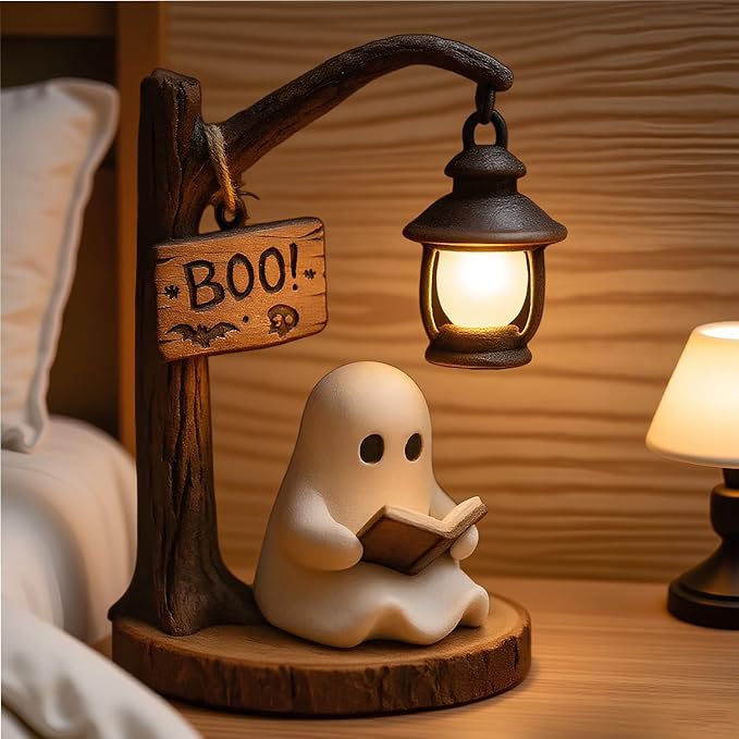 Halloween Ghost Figurine Statue Cute Ghost Reading Book Lamp Designs 3D Unique Night Light Gifts Tabletop Ornament Decoration Cartoon Resin Sculpture for Holiday Decor Supplies