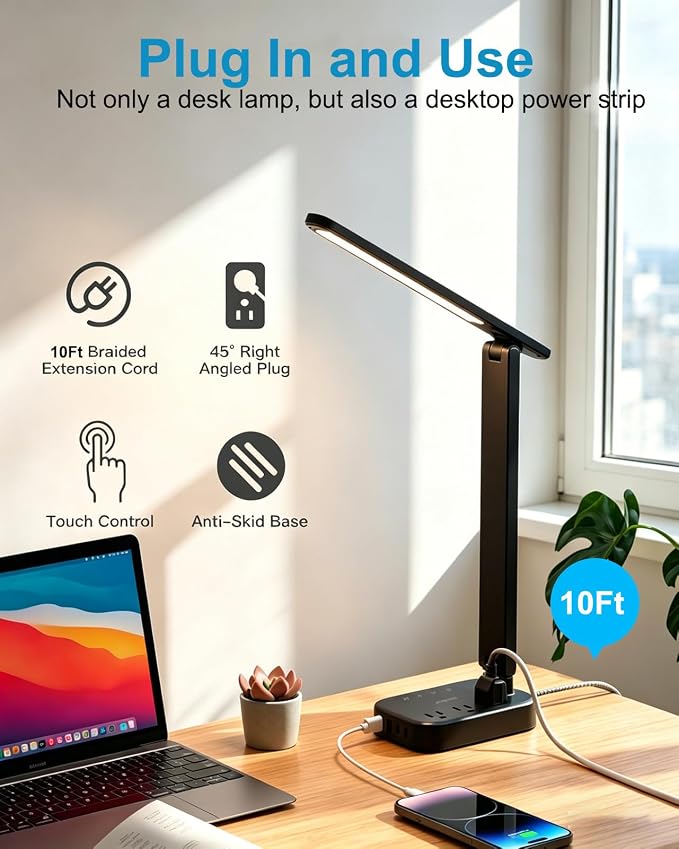 LED Desk Lamp, 10Ft Power Strip with 3 Outlets 4 USB Ports(2 USB C), Black | One Beat 4 Modes 5 Level Brightness Touch Lamp, Small Desk Lamp for Home Office College Dorm Essentials, Study Reading Light