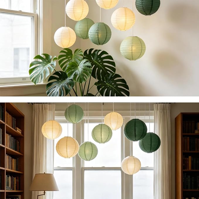 Boho Chinese Paper Lanterns LED Lights, 10-Pack 10inch | Hanging Lights in Cream, Sage & Forest Green for Garden Party, Boho Wedding, Birthday Decorations & Home Party